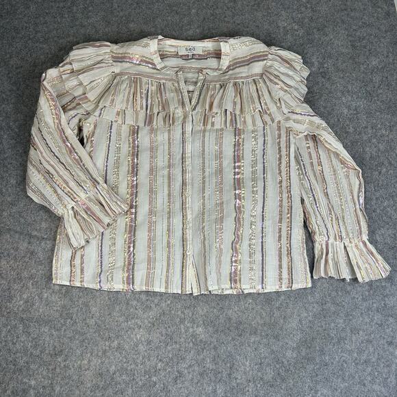 Sea New York Harriet Top Womens 6 Lurex Metallic Striped Two Layer Ruffle Blouse - Picture 1 of 9